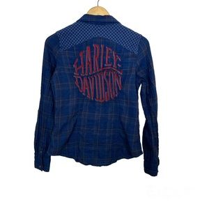 Harley-Davidson HD Embroidered Plaid Button Down Shirt Blue Women’s Sz Medium‎